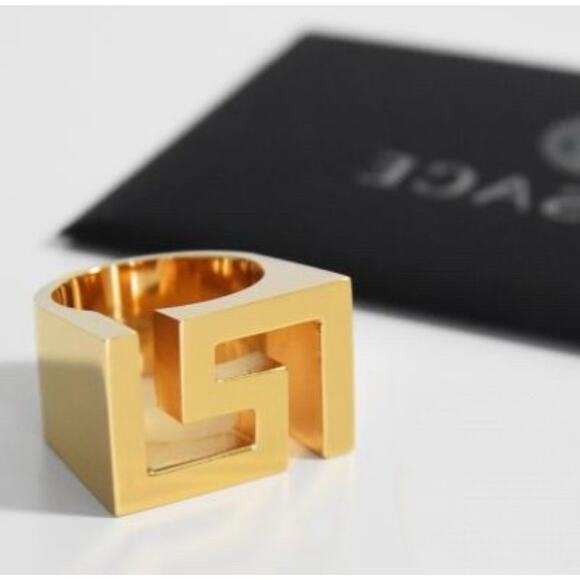 Versace Statement Band Ring Size 19/ US 8.5 Gold Tone Greca Icon Logo NIB - Picture 1 of 8